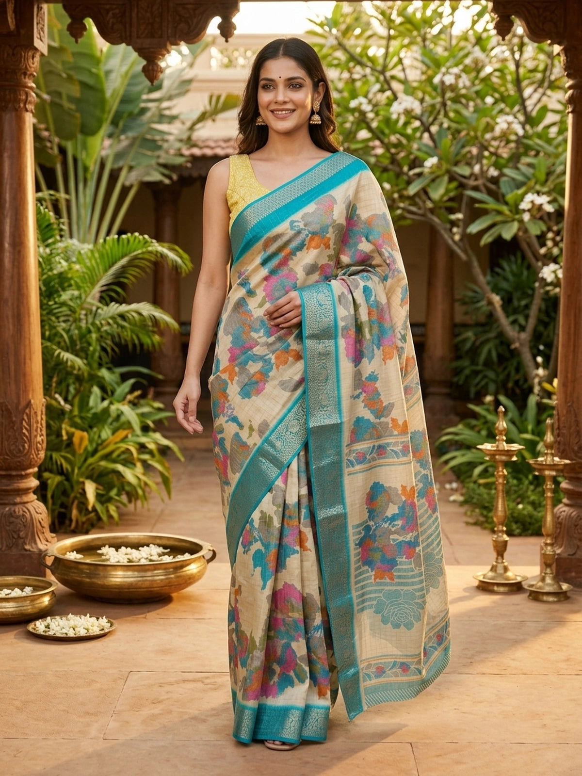 Cream and Turquoise Floral Dola Silk Saree