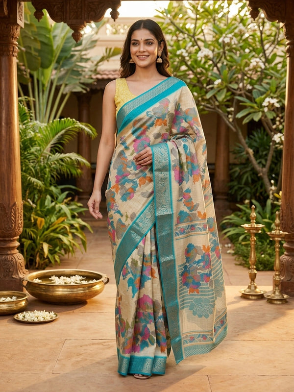 Cream Dola silk saree with multicolour floral print and turquoise zari border