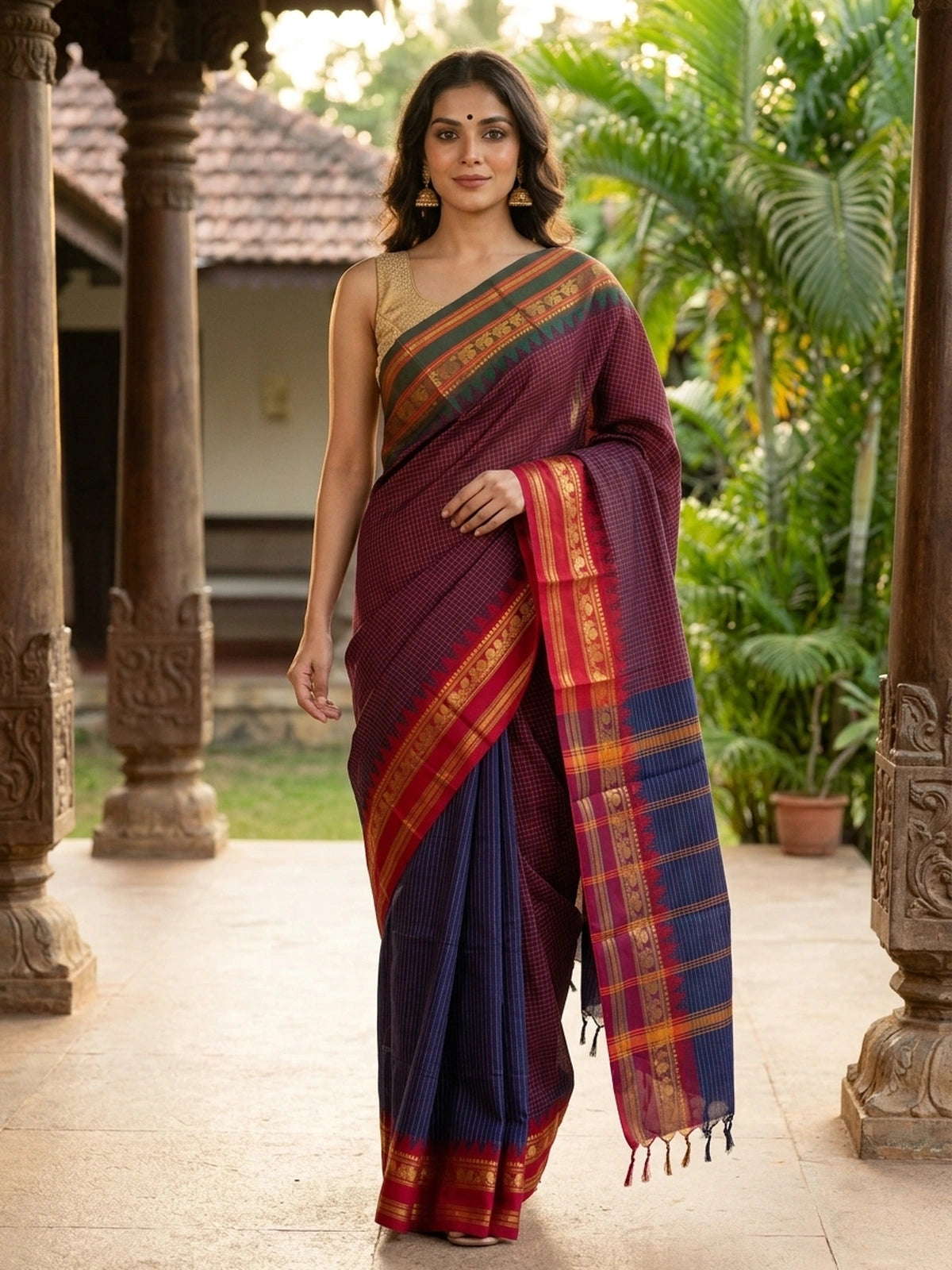 Maroon and blue Chettinad cotton saree with gold check body, contrast green zari border and striped blue pallu