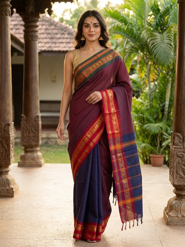 Maroon and blue Chettinad cotton saree with gold check body, contrast green zari border and striped blue pallu