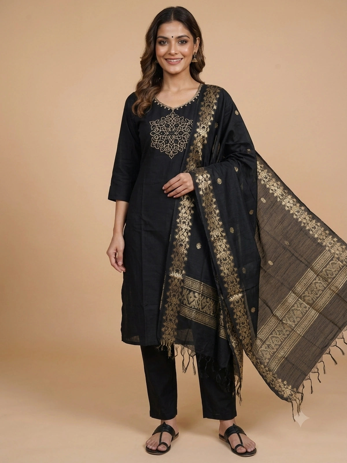 Black cotton straight cut kurti set with gold zari embroidered medallion motif and woven black-gold dupatta