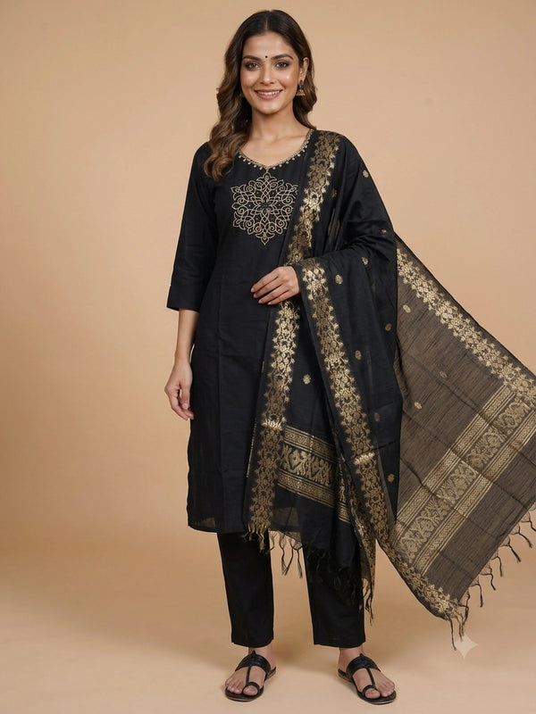 Black cotton straight cut kurti set with gold zari embroidered medallion motif and woven black-gold dupatta