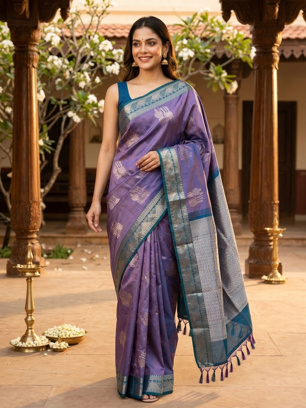 Lavender and Teal Blue Semi Silk Saree