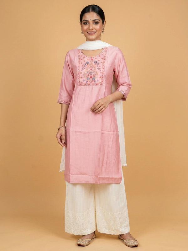 Rose pink floral embroidered Chanderi silk Anarkali kurti top with multicolour yoke embroidery