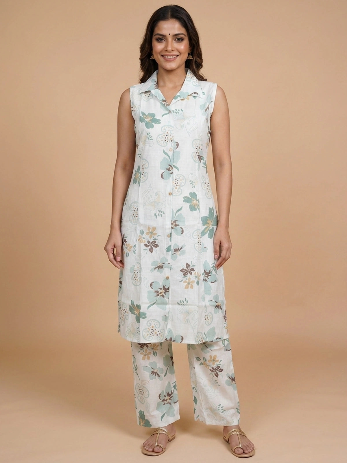 White floral printed cotton co-ord set with sleeveless collared kurti and matching straight pants