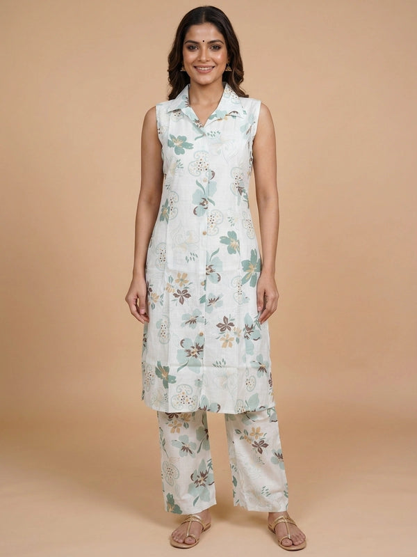 White floral printed cotton co-ord set with sleeveless collared kurti and matching straight pants