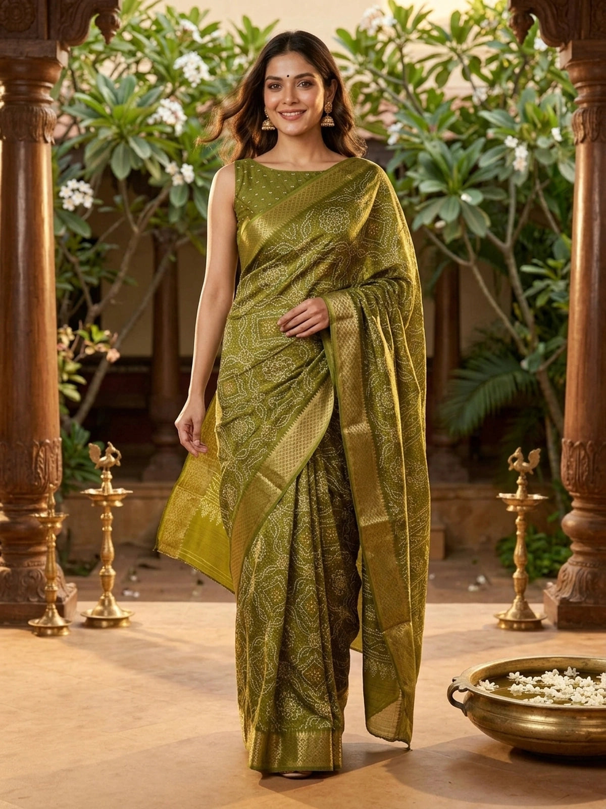 Mehndi Green and Gold Designer Zari Work Art Silk Saree