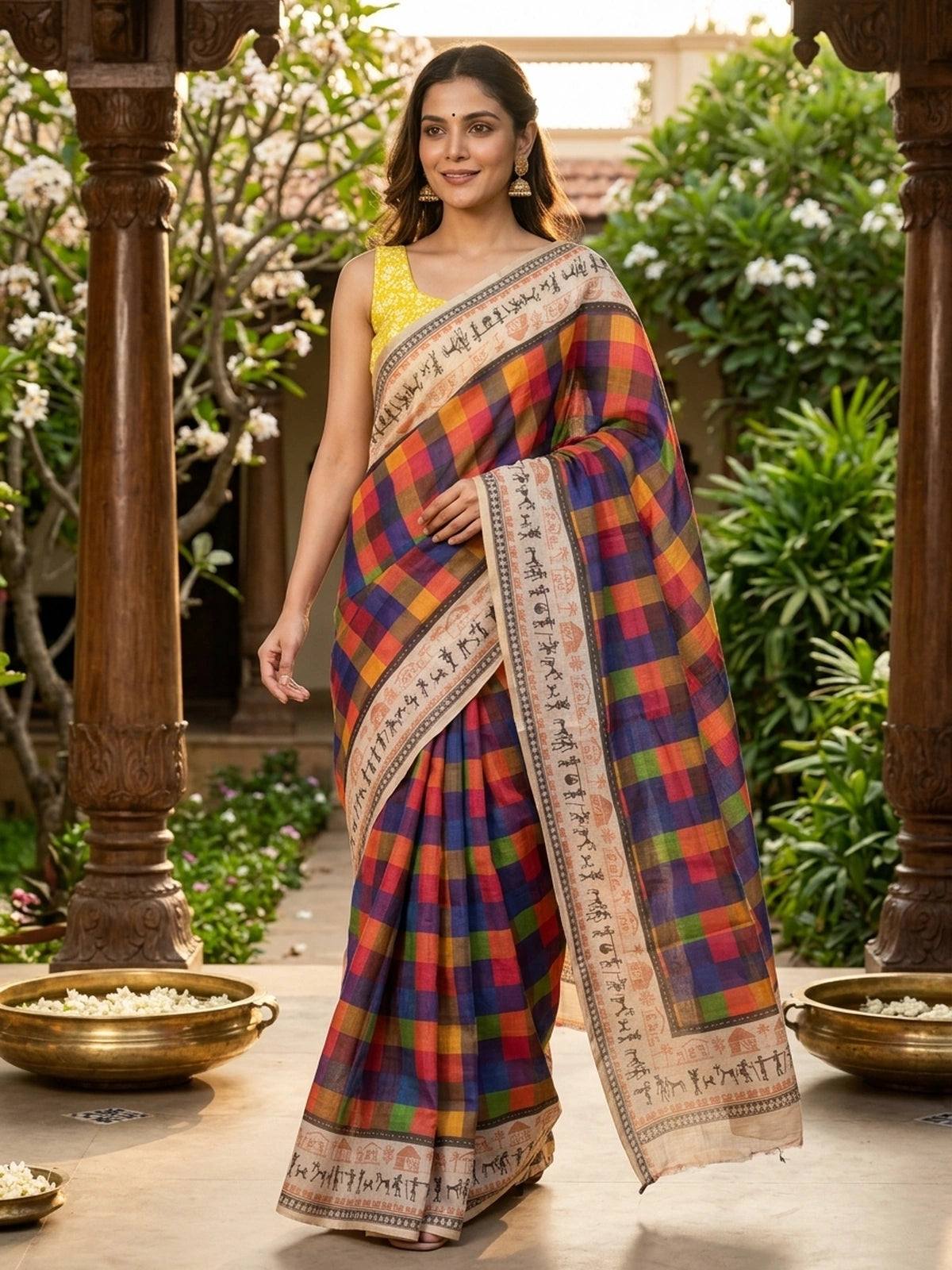 Multicolour Checks Linen Cotton Saree
