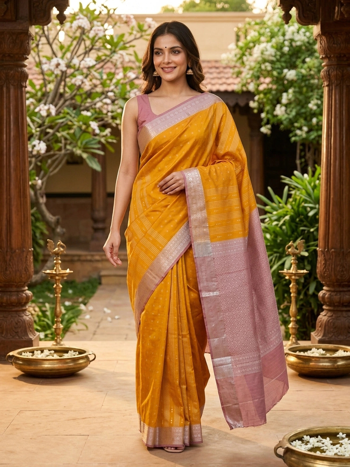 Mustard and Dusty Pink Semi Silk Saree