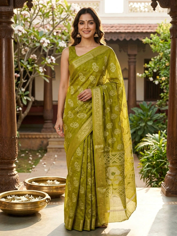 Mehndi green designer art silk saree with cream floral butis and gold zari border