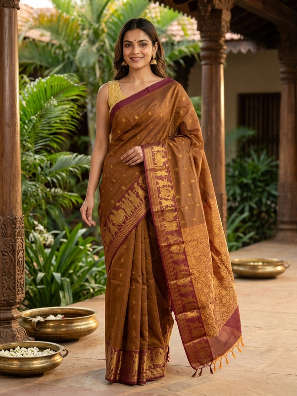 Mustard brown Chettinad cotton saree with maroon contrast border, gold zari buttas and woven pallu