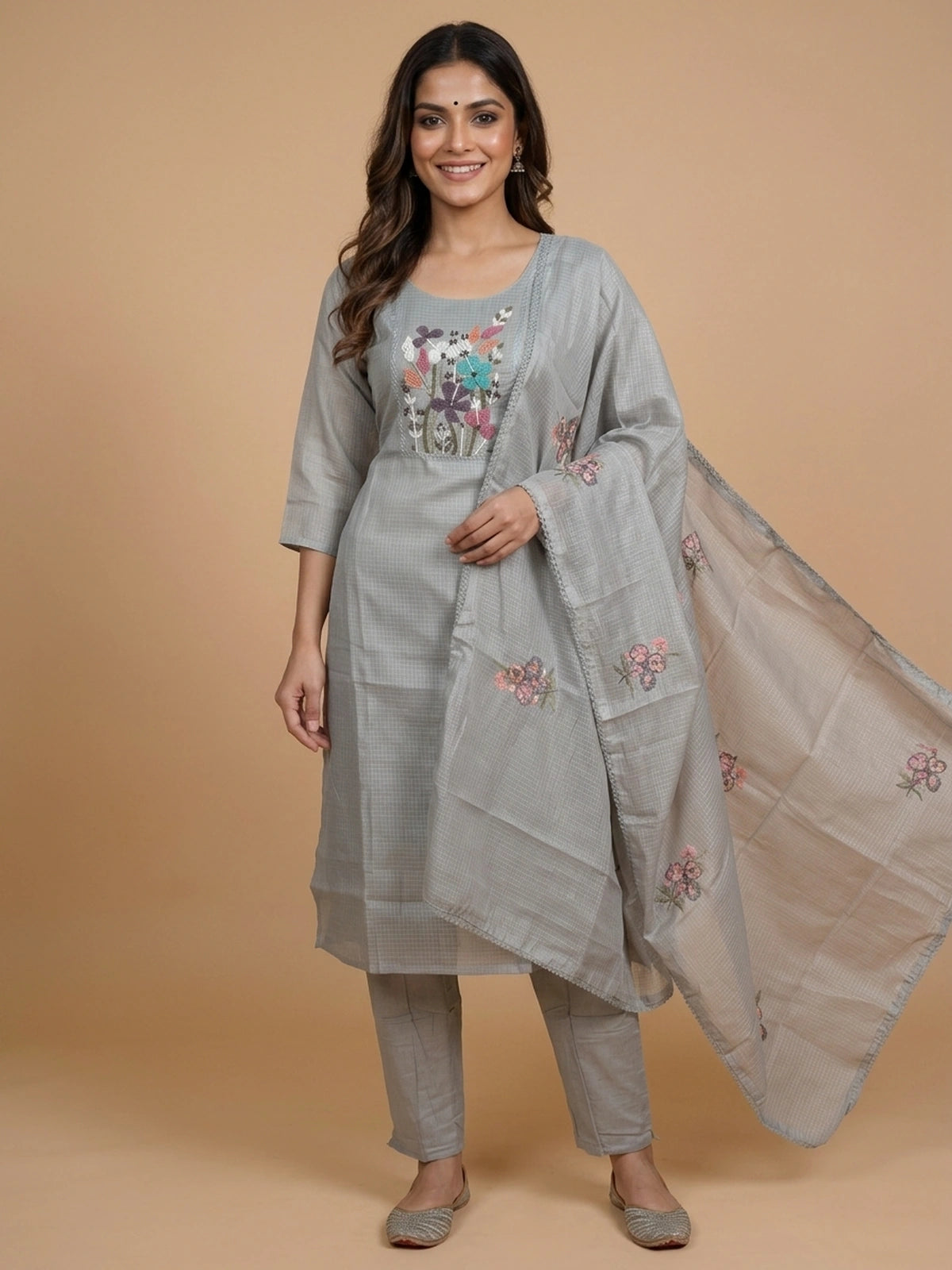 Grey floral beadwork Kota straight cut kurti set with pants and embroidered dupatta