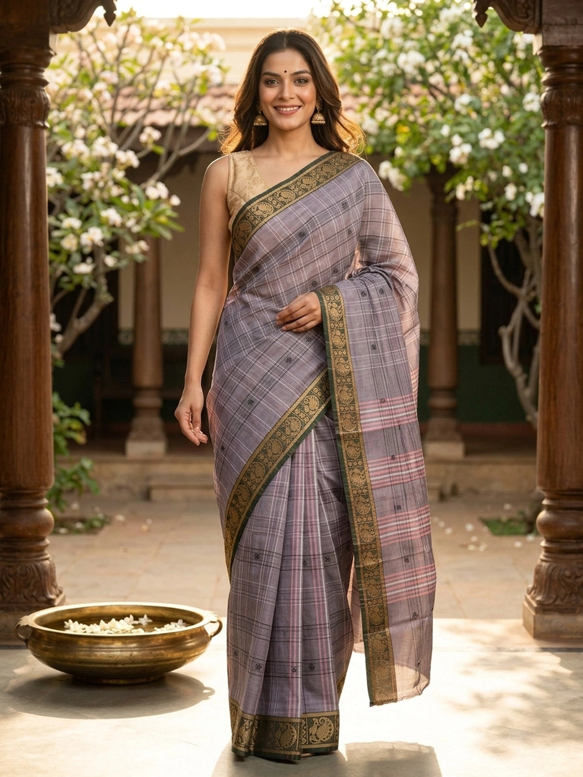 Mauve and pink checked Chettinad cotton saree with dark green gold zari peacock border