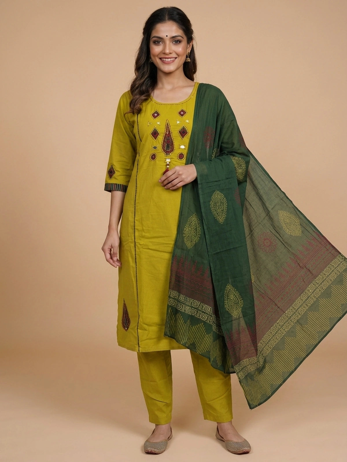 Mustard Green Cotton Mirror Work Straight Cut Kurti Set with dark green block-print dupatta