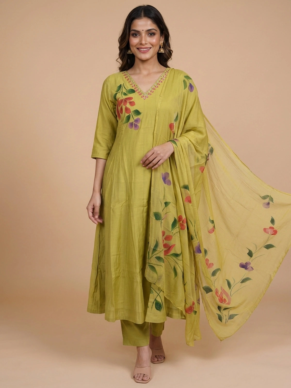 Mehndi Green hand-painted floral Anarkali kurti set with mirror work neckline and matching chiffon dupatta
