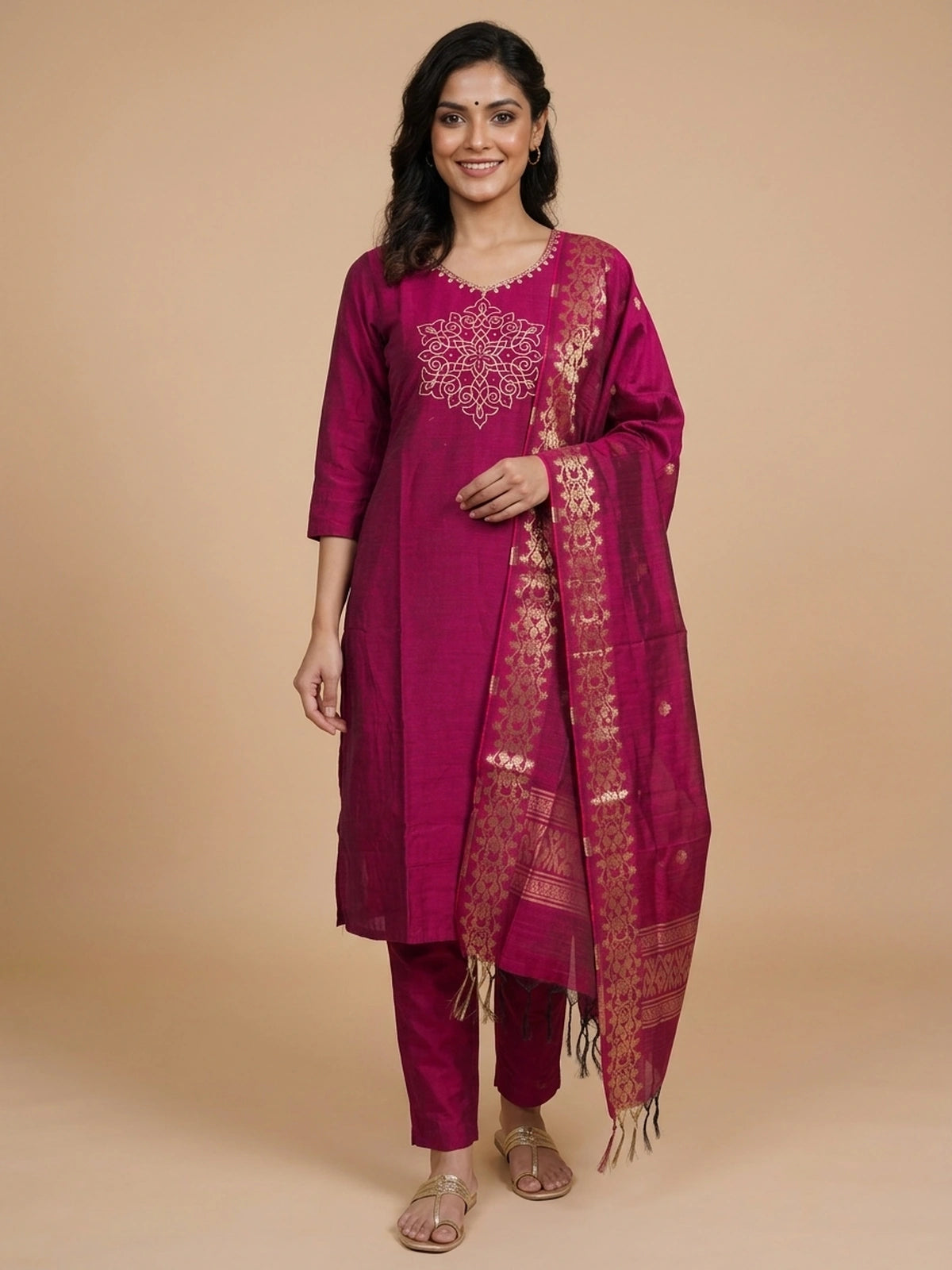 Rani Pink art silk zari embroidered straight cut kurti set with matching pants and gold-bordered dupatta