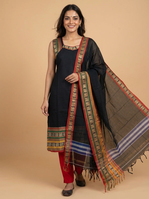 Black cotton straight cut kurti set with peacock woven borders, red pants and multicolour dupatta