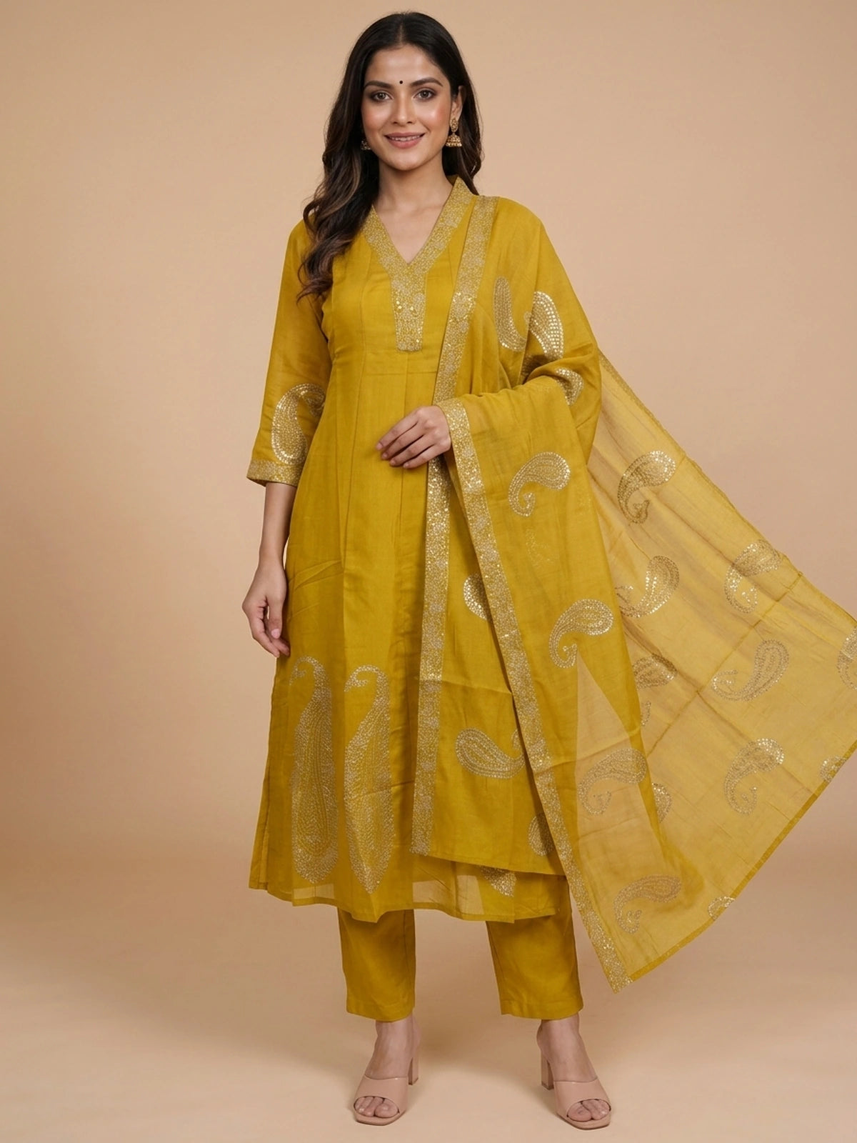 Mustard Yellow Chanderi Silk paisley embroidered Anarkali kurti set with dupatta