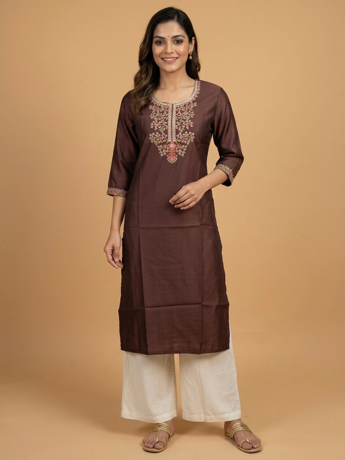 Brown embroidered cotton straight cut kurti top with floral sequin yoke and 3/4th sleeves