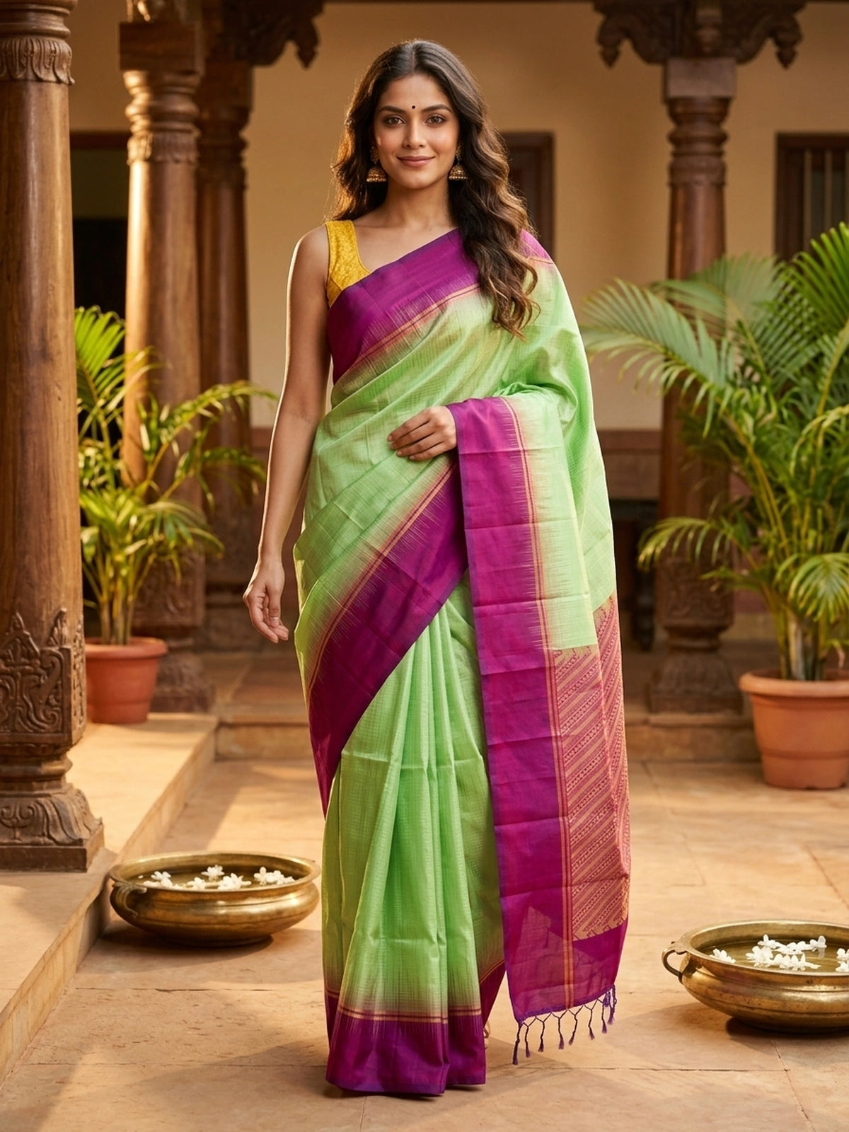 Parrot green soft silk saree with contrast magenta zari border and pallu