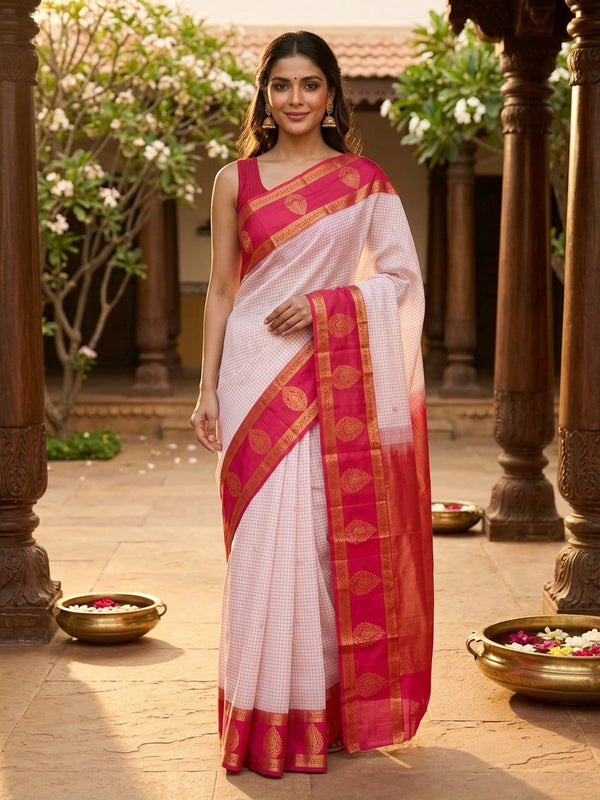 White and rani pink pure Kanchipuram silk saree with checked body, gold zari buttis and contrast zari border