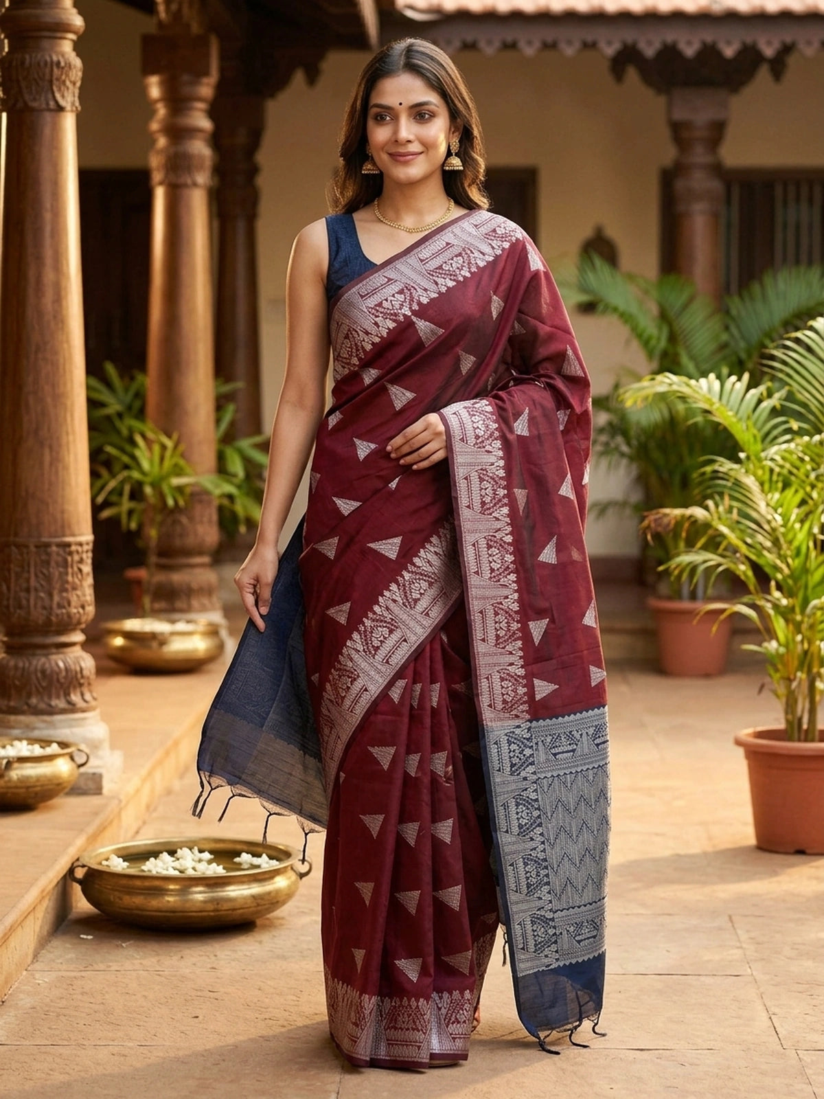 Maroon silk cotton saree with silver zari triangular motifs and contrast navy blue zari border and pallu