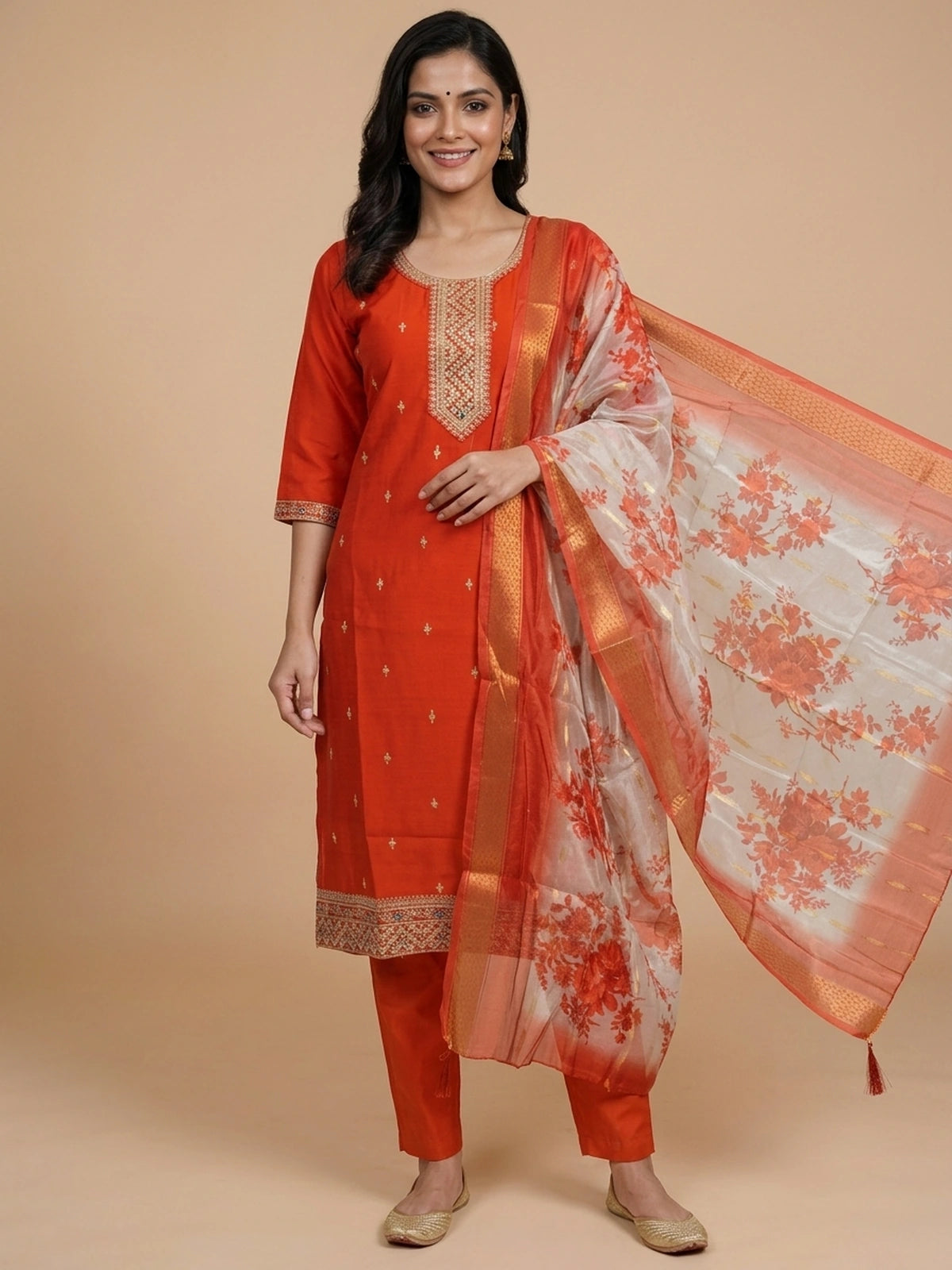 Orange silk blend zari embroidered straight cut kurti set with floral dupatta