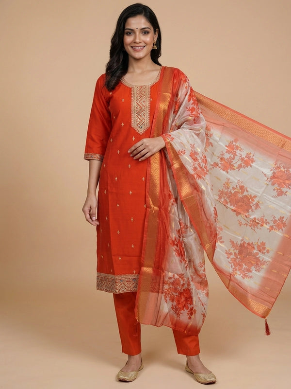 Orange silk blend zari embroidered straight cut kurti set with floral dupatta