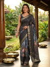 Charcoal Grey and Gold Floral Semi Tussar Saree
