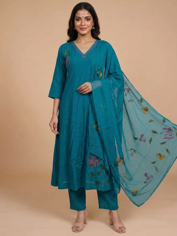 Teal hand-painted floral Anarkali kurti set with pants and sheer painted dupatta