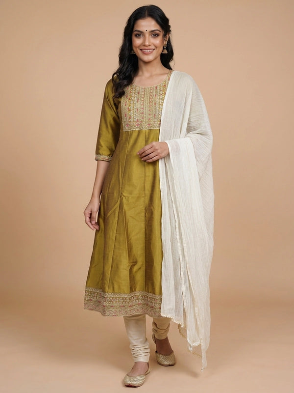 Mehendi Green art silk embroidered Anarkali kurti top with multicolour Zari yoke work
