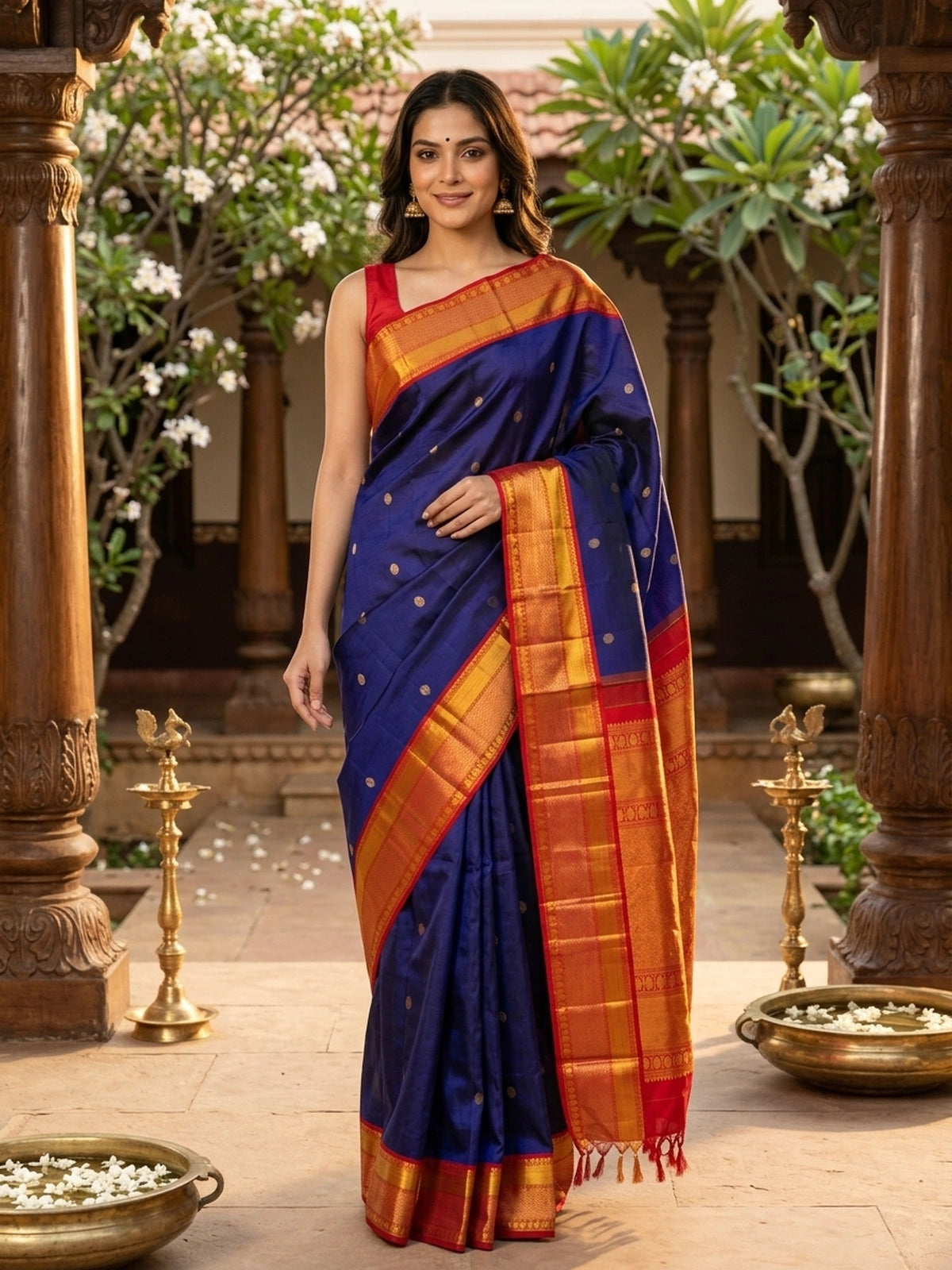 Navy Blue and Red Pure Kanchipuram Silk Saree