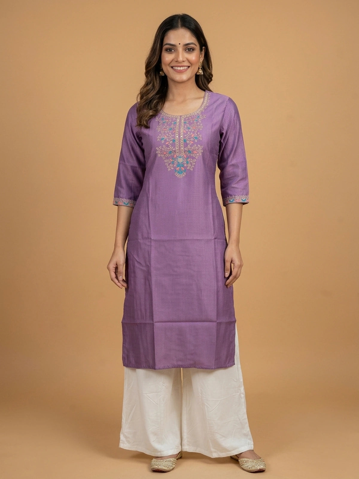 Lavender embroidered textured straight cut kurti top with zari and mirror work neckline