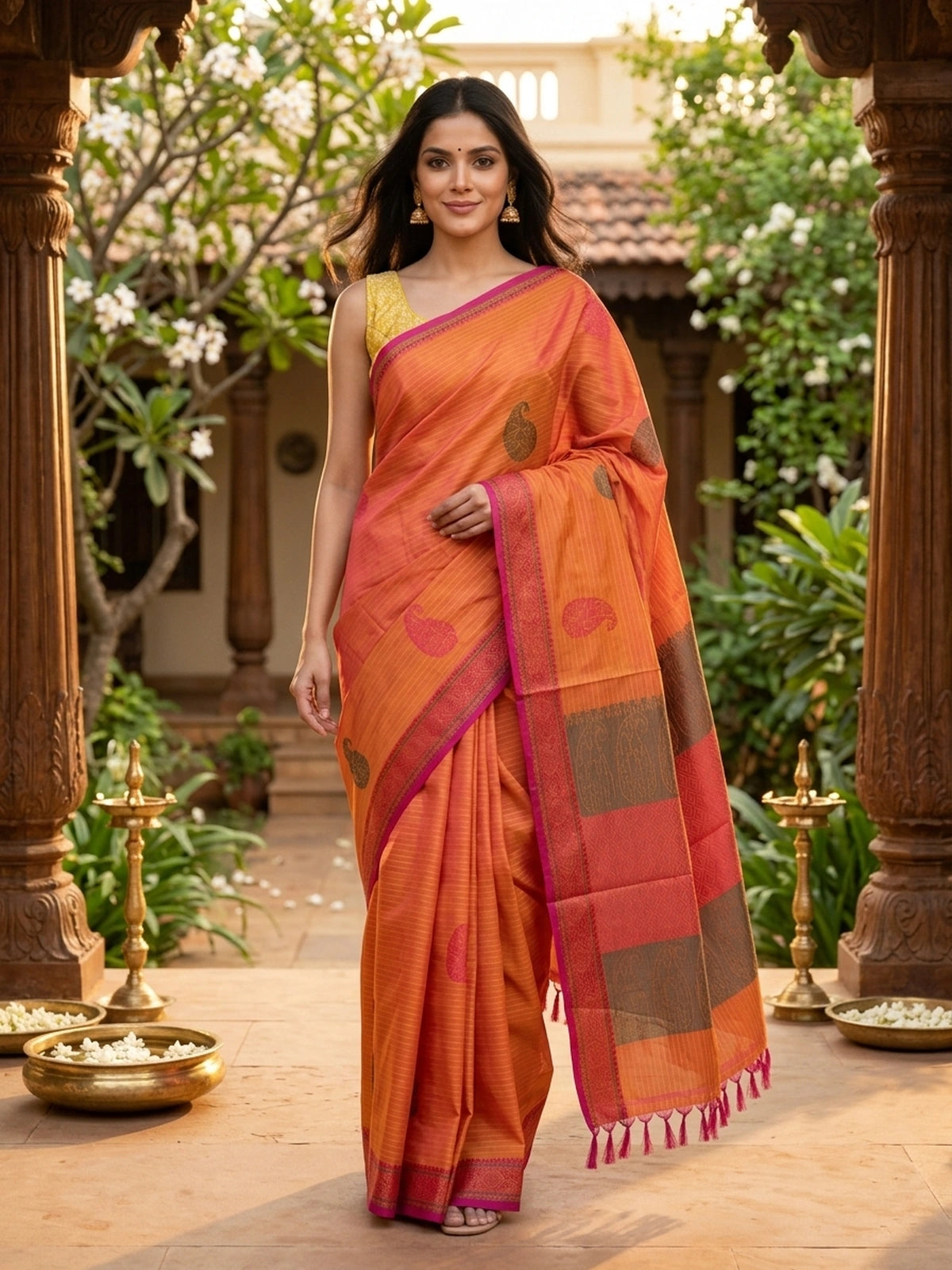 Orange and Pink Nagamam Cotton Saree