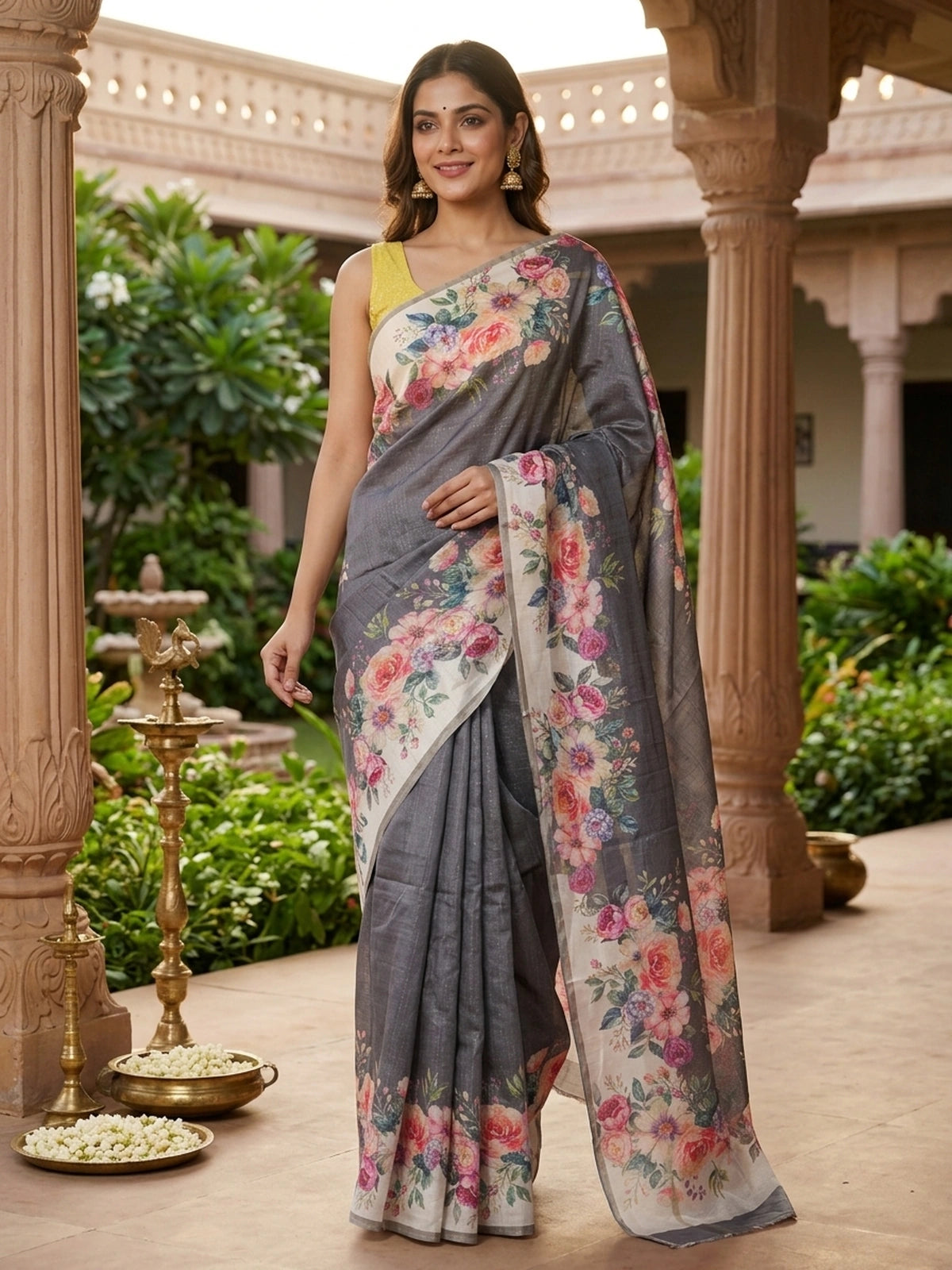 Grey and Cream Floral Semi Tussar Saree