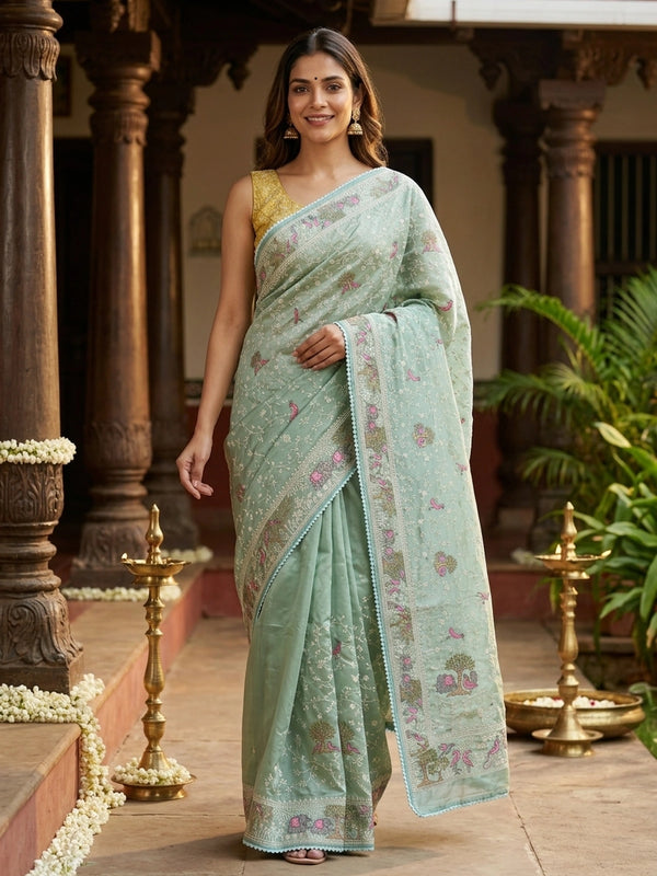 Sage green art silk designer saree with floral, bird and elephant thread embroidery and contrast aqua border