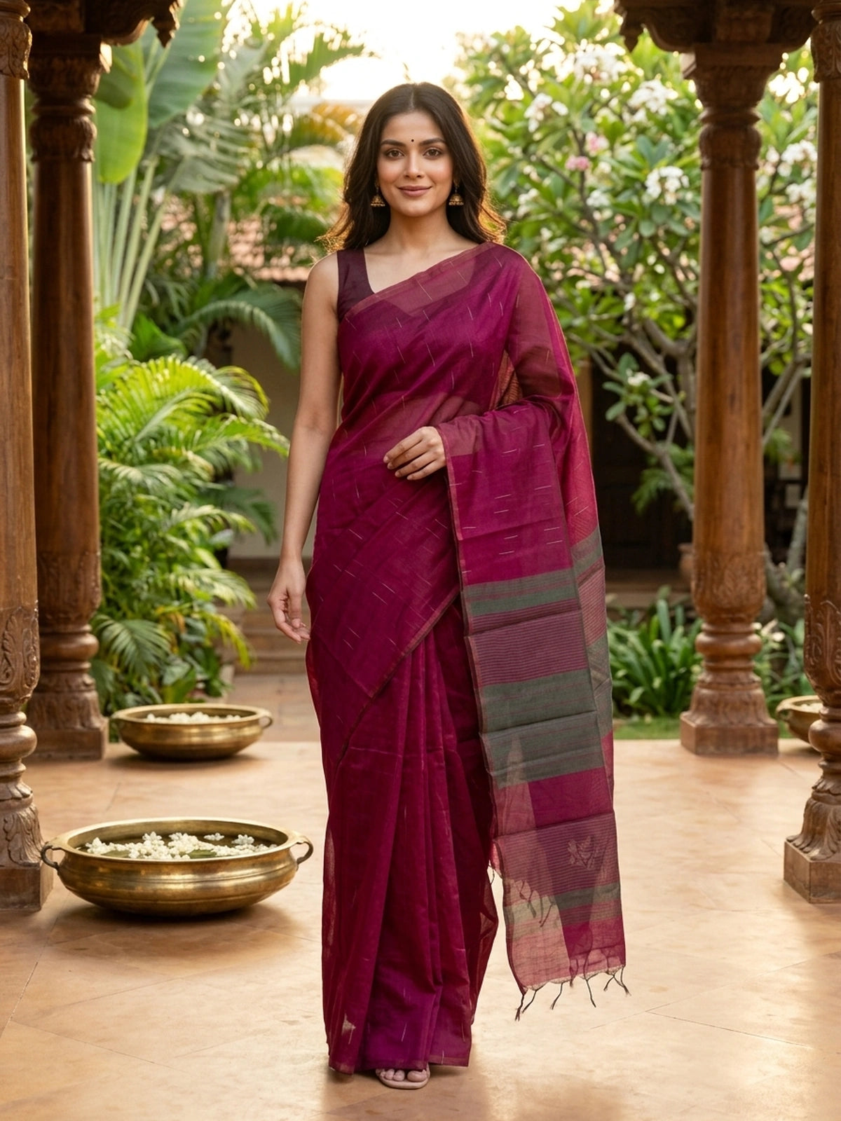 Deep Magenta and Dark Green Silk Cotton Saree