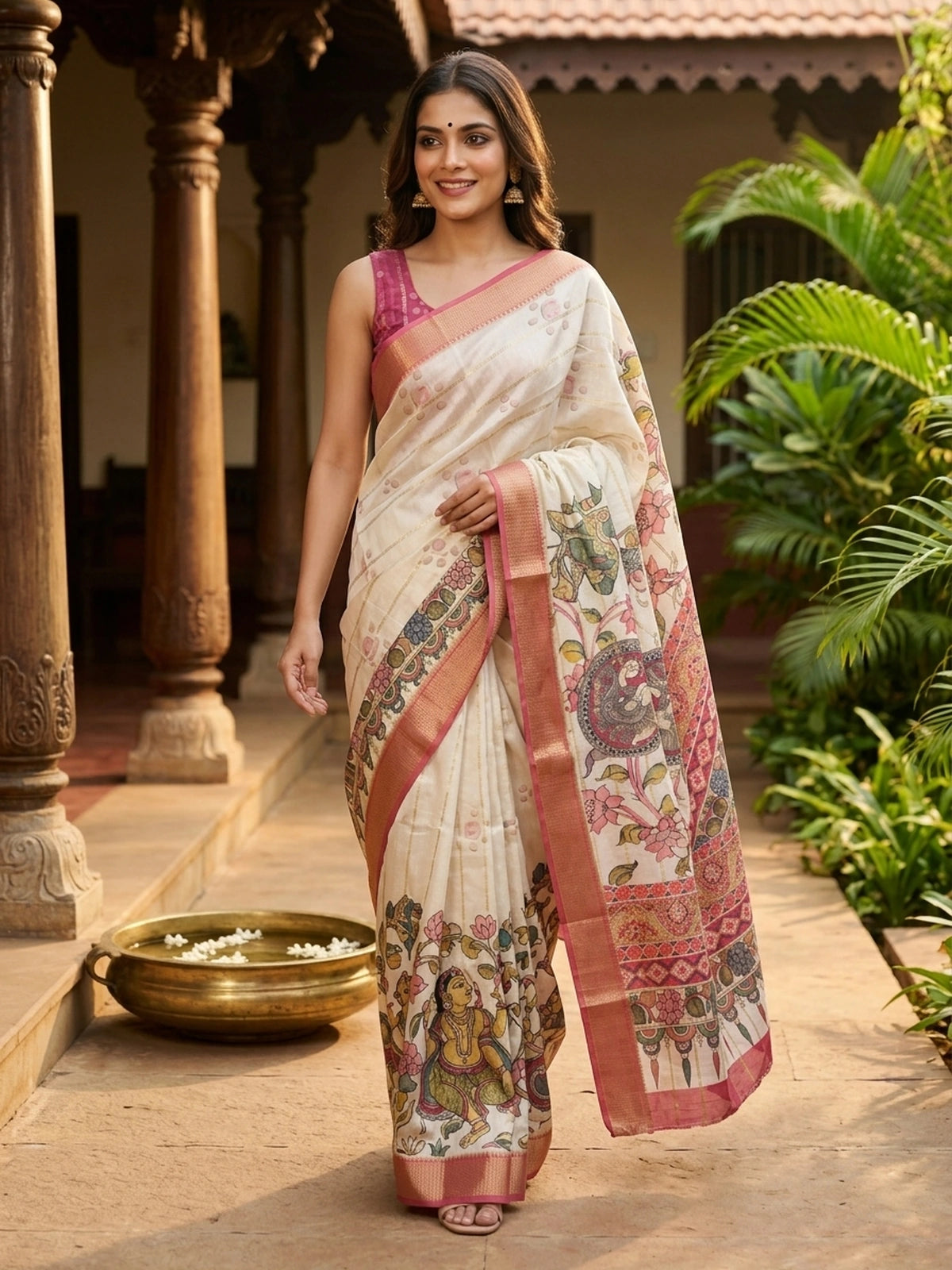 Cream and Pink Dola Silk Saree