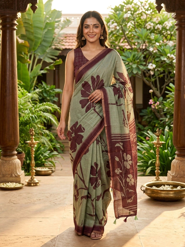 Sage green linen cotton saree with maroon floral prints and contrast maroon border