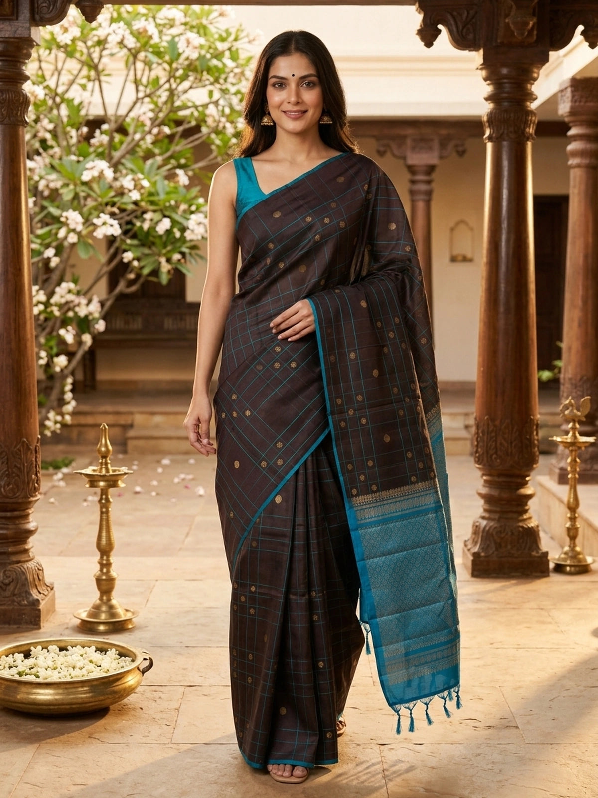 Dark Brown and Peacock Blue Kanchipuram Pure Mix Saree