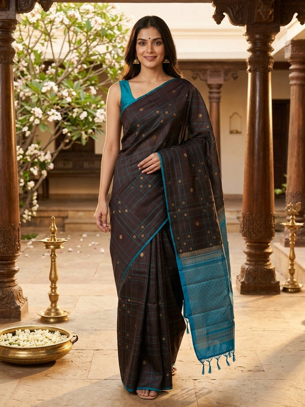 Dark brown Kanchipuram Pure Mix saree with blue checks, gold zari buttas and contrast peacock blue zari pallu and border