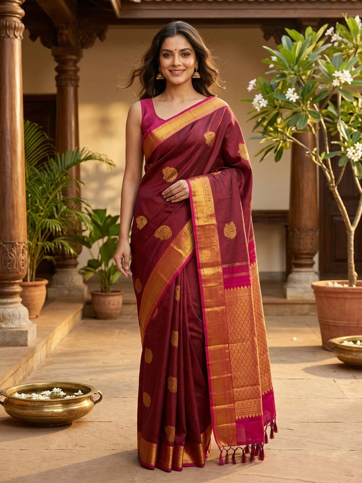Maroon and Pink Pure Kanchipuram Silk Saree