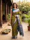 Olive Green and Teal Blue Semi Silk Saree