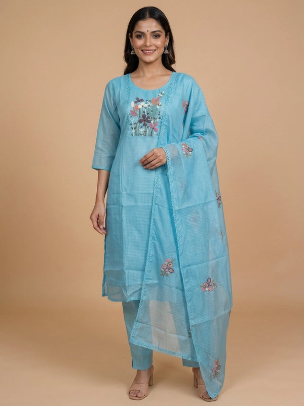 Sky blue Kota cotton straight cut kurti set with multicolour beaded floral embroidery and matching dupatta