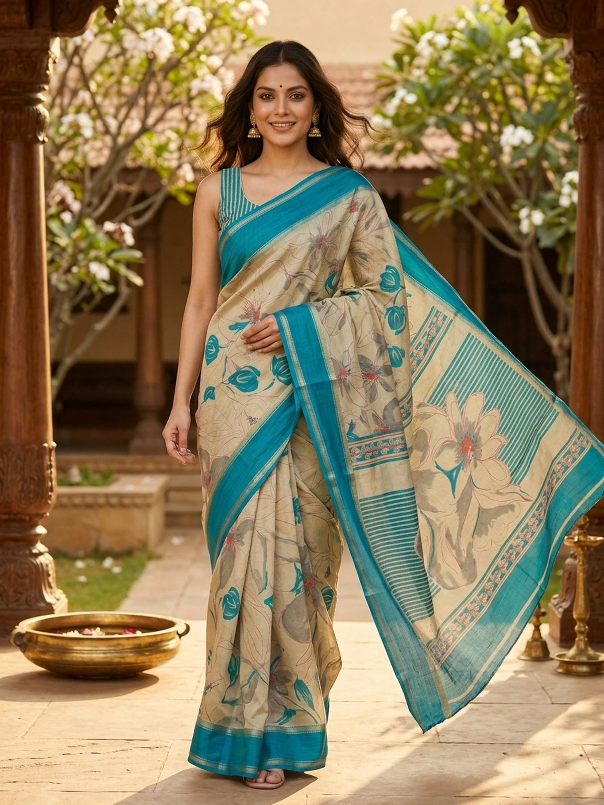 Beige and Teal Dola Silk Saree