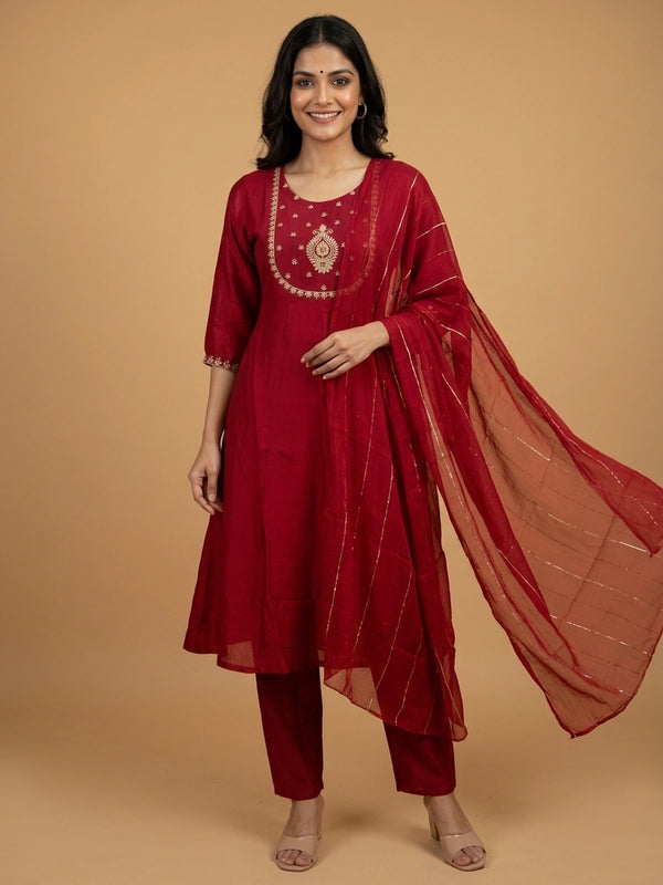 Red art silk zari embroidered Anarkali kurti set with matching pants and dupatta
