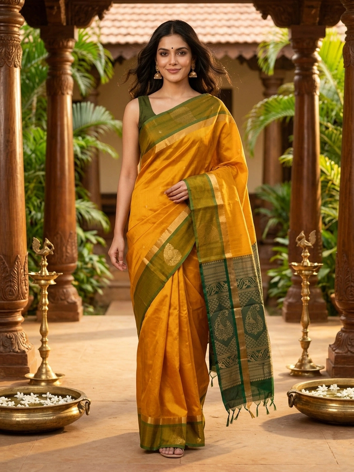 Mustard yellow silk cotton saree with green gold zari border and peacock pallu