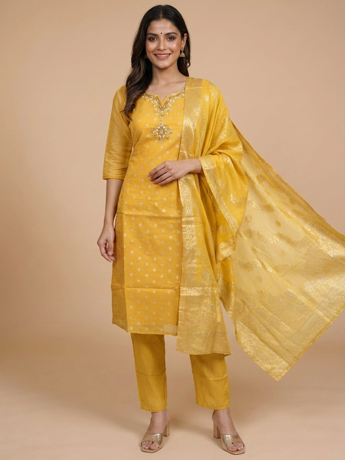 Yellow Chanderi silk zari embroidered straight cut kurti set with gold dupatta