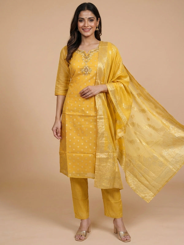 Yellow Chanderi silk zari embroidered straight cut kurti set with gold dupatta