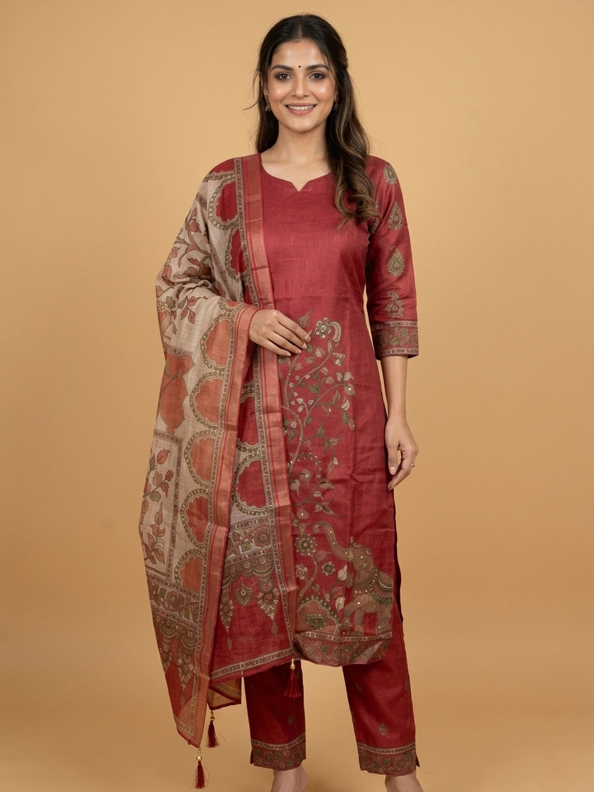 Maroon Kalamkari print art silk straight cut kurti set with contrast printed dupatta and matching pants